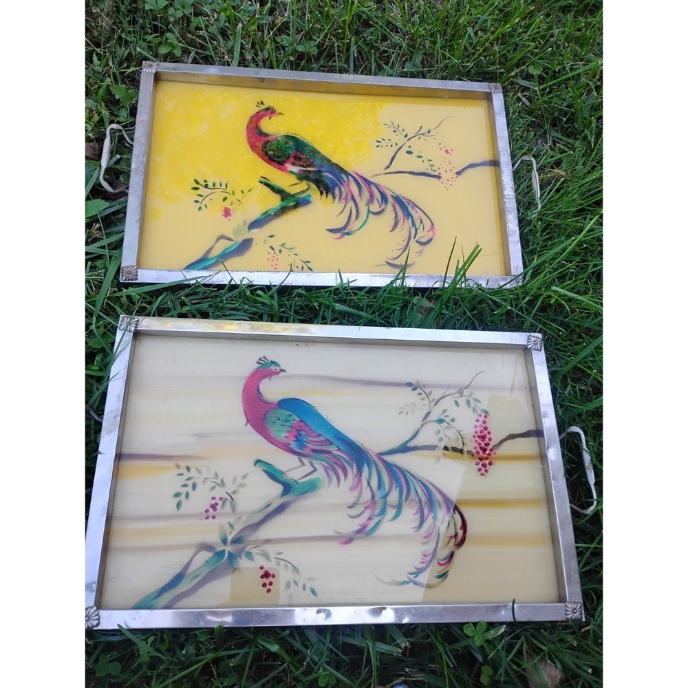 2 Vintage Silver Tone Glass Art Deco Peacock Trays 16.75" x 10.5" Serving Set